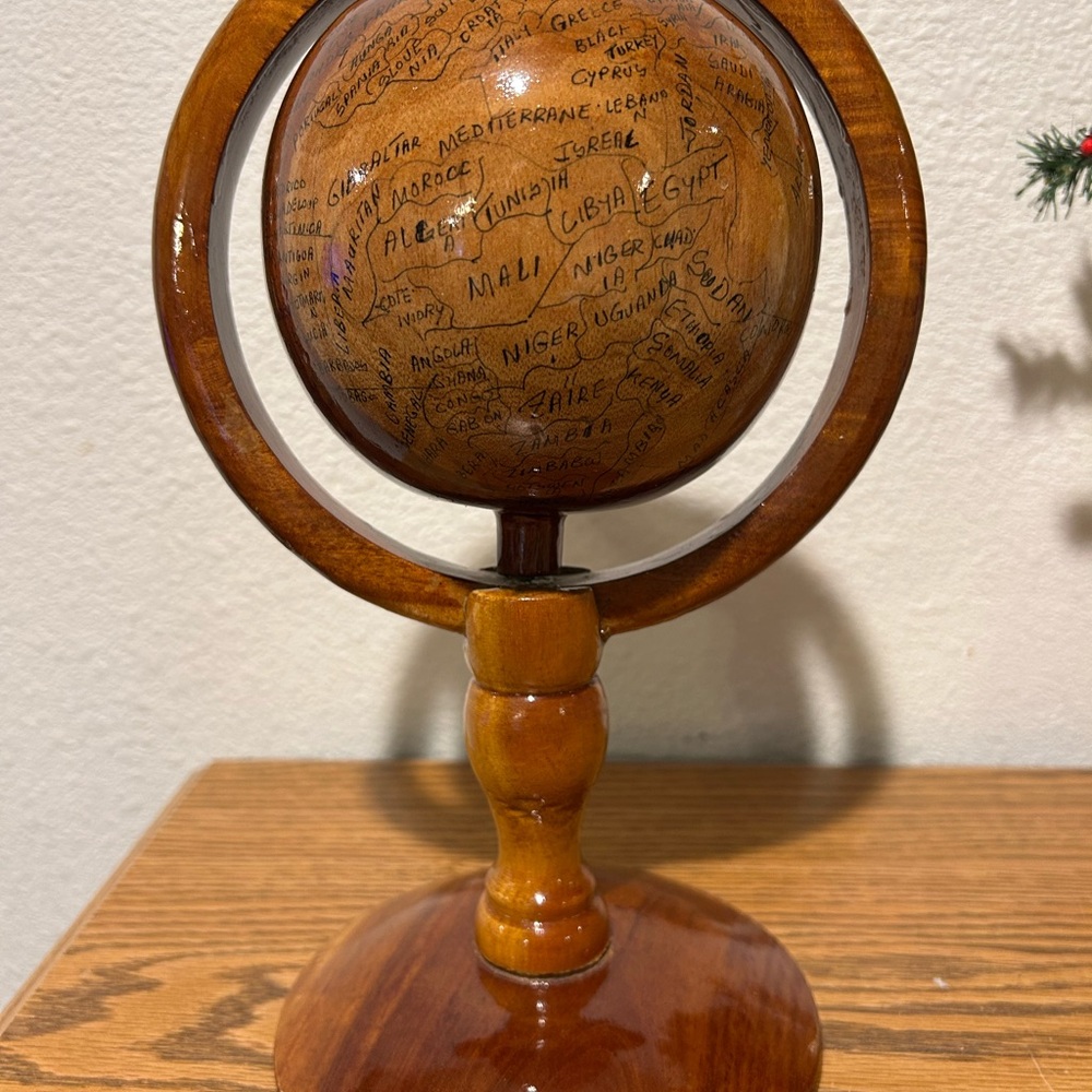 Handcarved Wooden Globe Folk Art